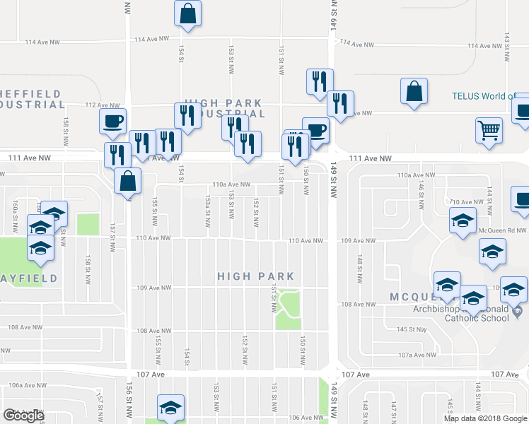 map of restaurants, bars, coffee shops, grocery stores, and more near 11052 151 Street Northwest in Edmonton