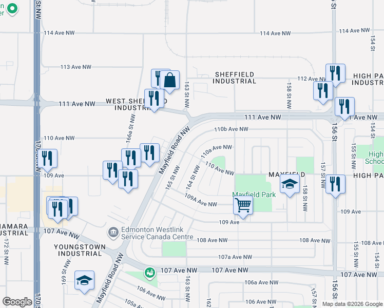 map of restaurants, bars, coffee shops, grocery stores, and more near 16175 110B Avenue Northwest in Edmonton