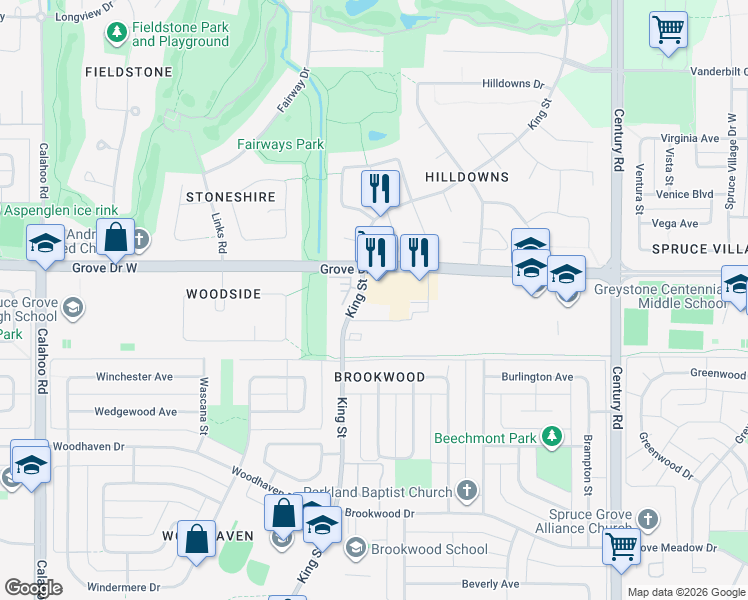 map of restaurants, bars, coffee shops, grocery stores, and more near 609 King Street in Spruce Grove