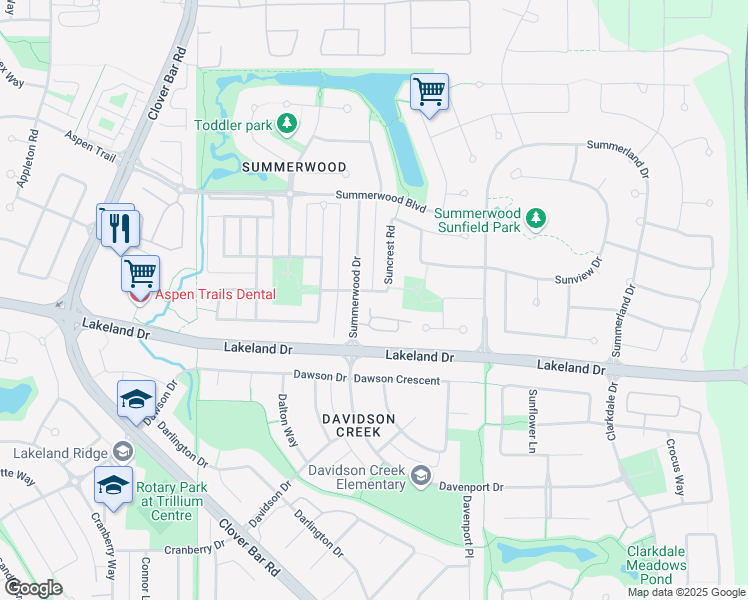 map of restaurants, bars, coffee shops, grocery stores, and more near 215 Suncrest Road in Sherwood Park
