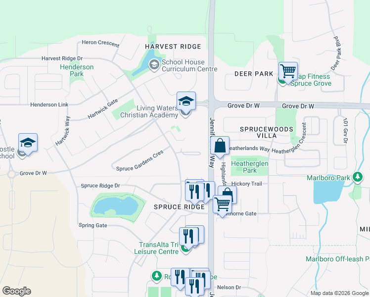 map of restaurants, bars, coffee shops, grocery stores, and more near 340 Spruce Ridge Road in Spruce Grove