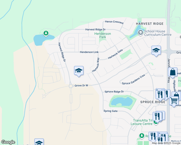 map of restaurants, bars, coffee shops, grocery stores, and more near 8 Hartwick Manor in Spruce Grove