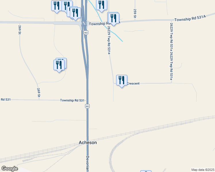 map of restaurants, bars, coffee shops, grocery stores, and more near 212 Walker Crescent in Acheson