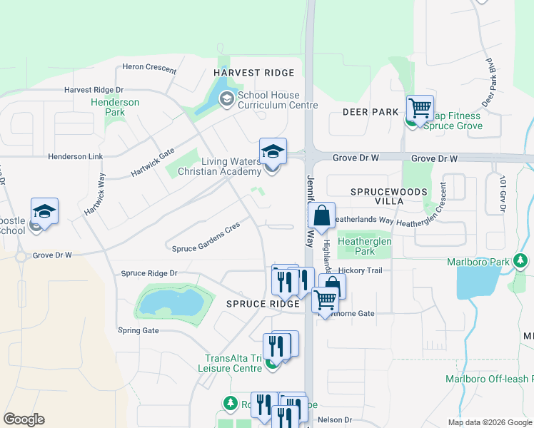 map of restaurants, bars, coffee shops, grocery stores, and more near 340 Spruce Ridge Road in Spruce Grove