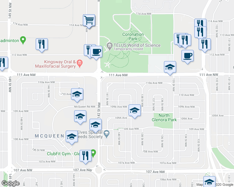map of restaurants, bars, coffee shops, grocery stores, and more near 13936 110 Avenue Northwest in Edmonton