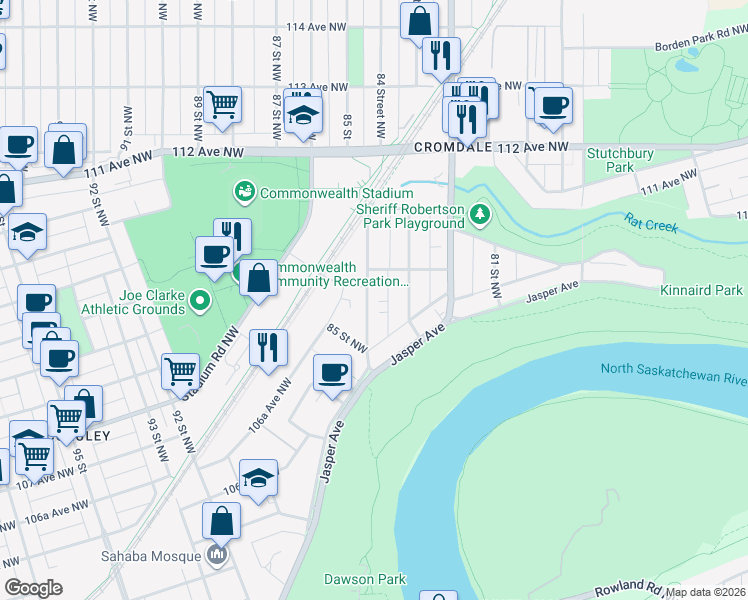 map of restaurants, bars, coffee shops, grocery stores, and more near 10965 84 Street Northwest in Edmonton