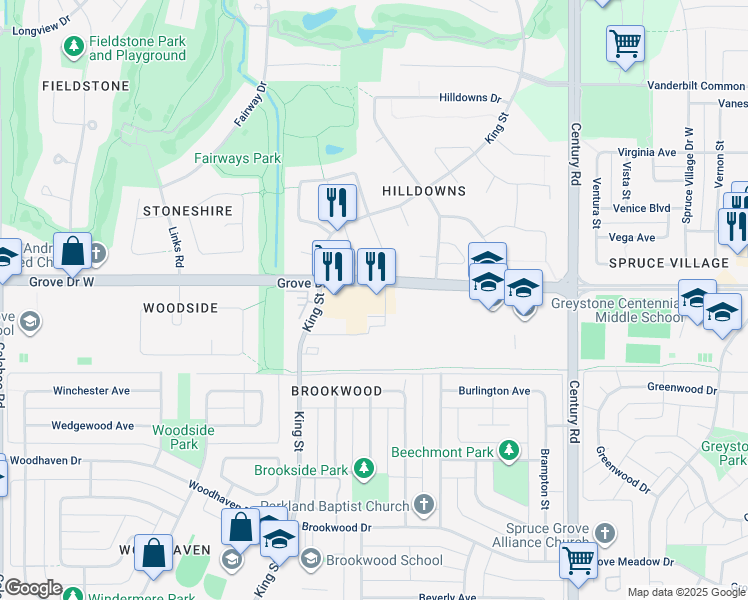 map of restaurants, bars, coffee shops, grocery stores, and more near 636 King Street in Spruce Grove