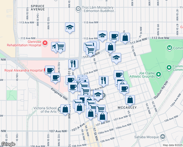 map of restaurants, bars, coffee shops, grocery stores, and more near 9621 110 Avenue Northwest in Edmonton