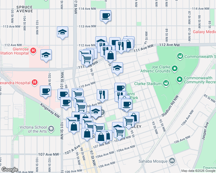 map of restaurants, bars, coffee shops, grocery stores, and more near 9524 109A Avenue Northwest in Edmonton