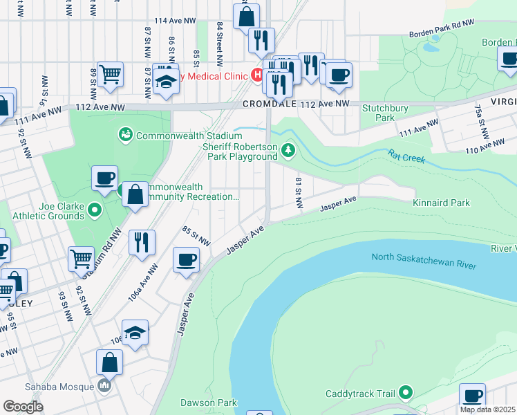 map of restaurants, bars, coffee shops, grocery stores, and more near 10928 82 Street Northwest in Edmonton