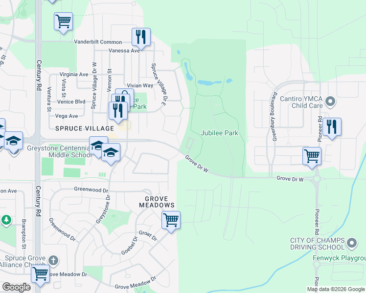 map of restaurants, bars, coffee shops, grocery stores, and more near 500 Grove Drive in Spruce Grove