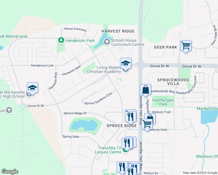 map of restaurants, bars, coffee shops, grocery stores, and more near 9 Spruce Gardens Crescent in Spruce Grove