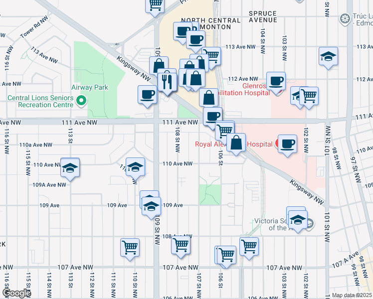 map of restaurants, bars, coffee shops, grocery stores, and more near 11021 108 Street Northwest in Edmonton