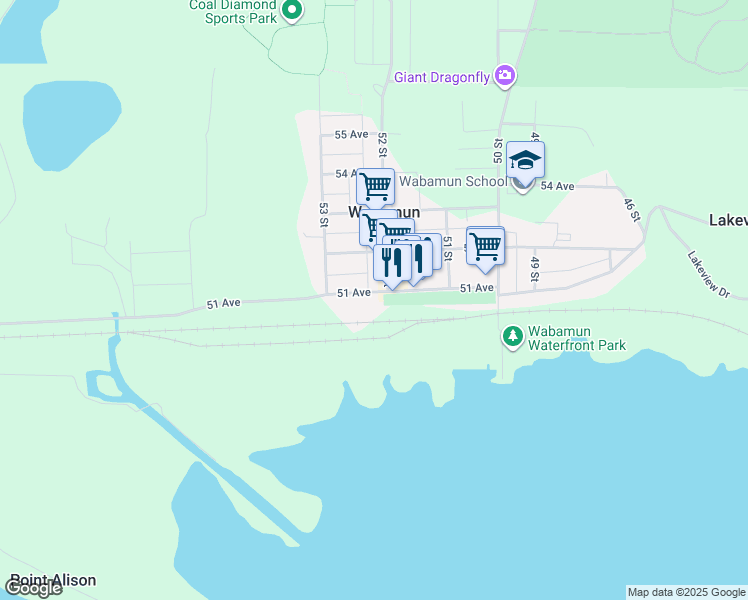 map of restaurants, bars, coffee shops, grocery stores, and more near 5215 51 Street in Wabamun