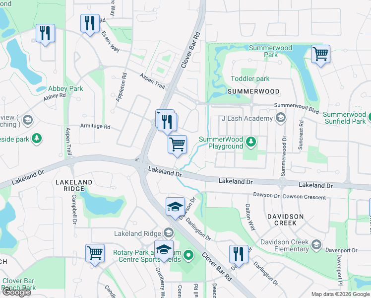 map of restaurants, bars, coffee shops, grocery stores, and more near 4075 Clover Bar Road in Sherwood Park