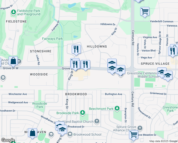 map of restaurants, bars, coffee shops, grocery stores, and more near 636 King Street in Spruce Grove