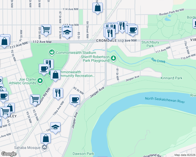 map of restaurants, bars, coffee shops, grocery stores, and more near 10935 83 Street Northwest in Edmonton