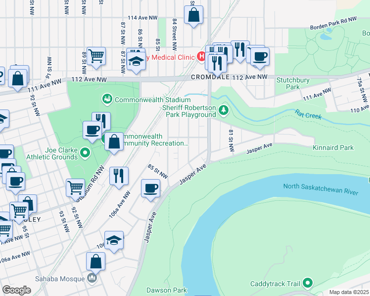 map of restaurants, bars, coffee shops, grocery stores, and more near 10950 83 Street Northwest in Edmonton
