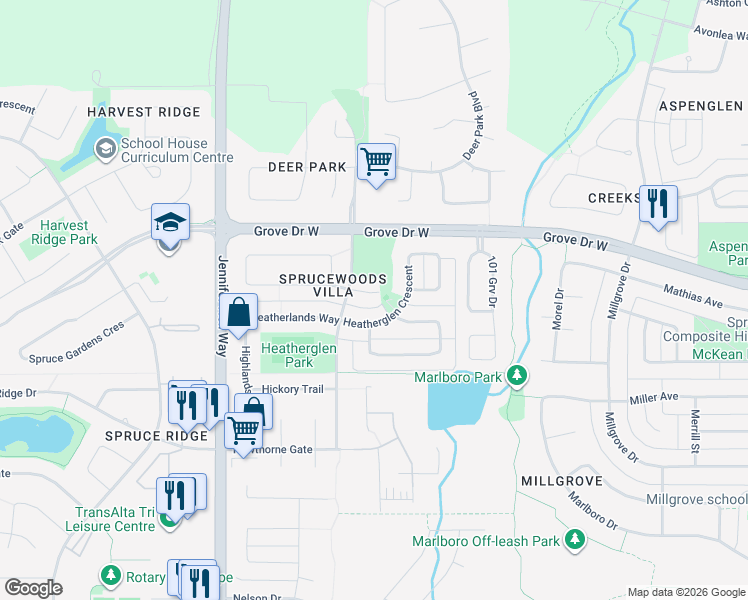 map of restaurants, bars, coffee shops, grocery stores, and more near 324 Heatherglen Drive in Spruce Grove