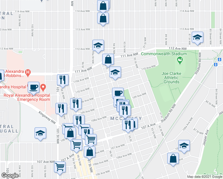 map of restaurants, bars, coffee shops, grocery stores, and more near 10952 95 Street in Edmonton