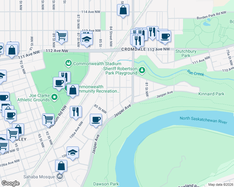 map of restaurants, bars, coffee shops, grocery stores, and more near 10950 83 Street Northwest in Edmonton