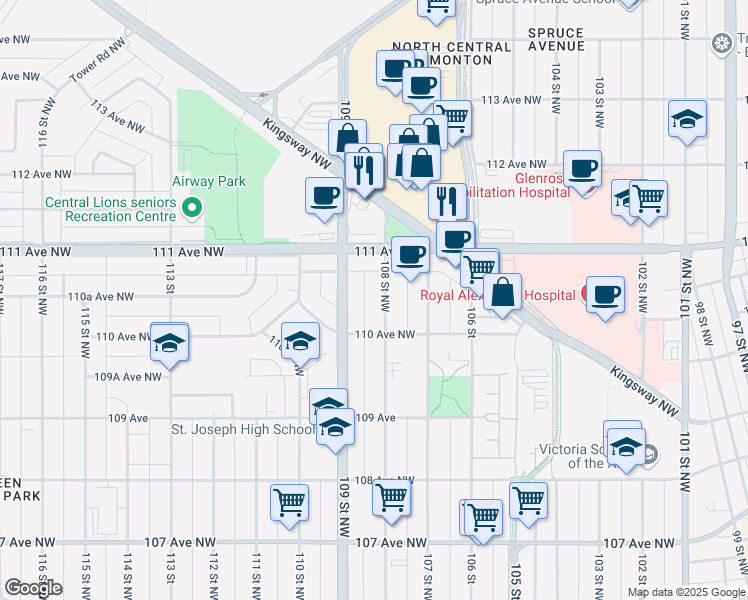 map of restaurants, bars, coffee shops, grocery stores, and more near 11021 108 Street Northwest in Edmonton