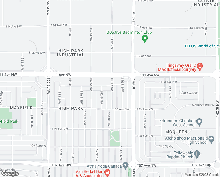 map of restaurants, bars, coffee shops, grocery stores, and more near 11052 151 Street Northwest in Edmonton