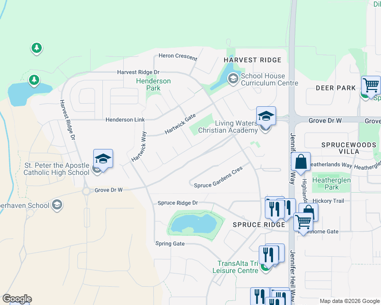 map of restaurants, bars, coffee shops, grocery stores, and more near 91 Hartwick Loop in Spruce Grove