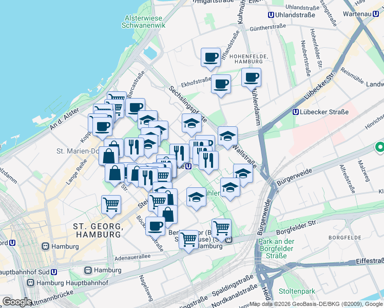 map of restaurants, bars, coffee shops, grocery stores, and more near 1 Lübeckertordamm in Hamburg