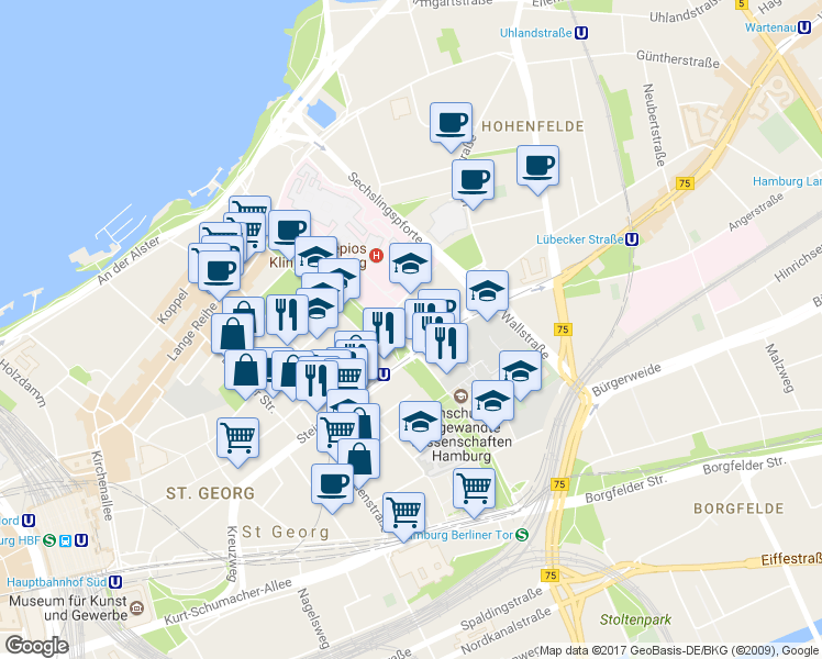 map of restaurants, bars, coffee shops, grocery stores, and more near 1 Lübeckertordamm in Hamburg