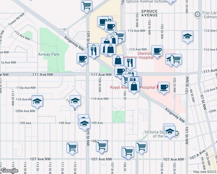 map of restaurants, bars, coffee shops, grocery stores, and more near 11030 107 Street Northwest in Edmonton