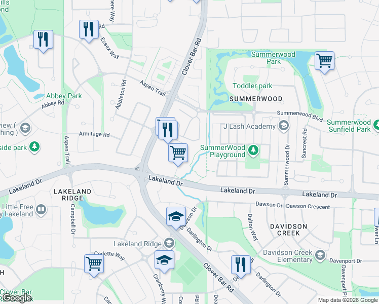 map of restaurants, bars, coffee shops, grocery stores, and more near 4075 Clover Bar Road in Sherwood Park