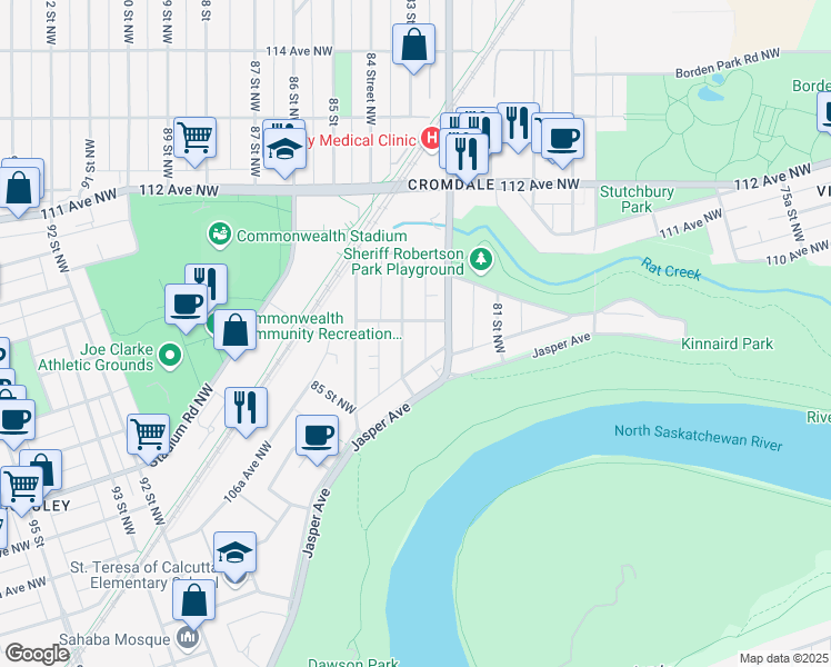 map of restaurants, bars, coffee shops, grocery stores, and more near 10930 83 Street Northwest in Edmonton