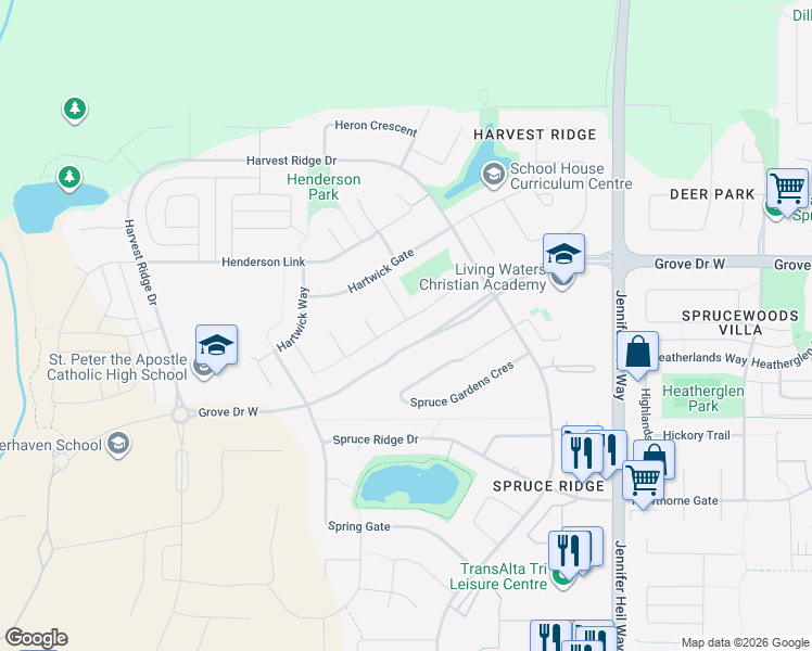 map of restaurants, bars, coffee shops, grocery stores, and more near 91 Hartwick Loop in Spruce Grove
