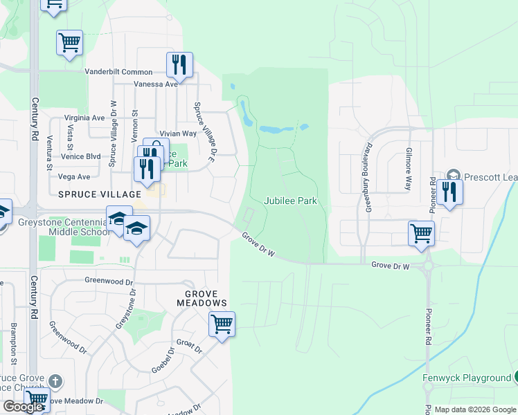 map of restaurants, bars, coffee shops, grocery stores, and more near 500 Grove Drive in Spruce Grove