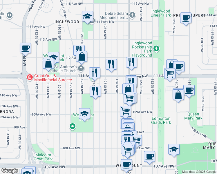 map of restaurants, bars, coffee shops, grocery stores, and more near in Edmonton
