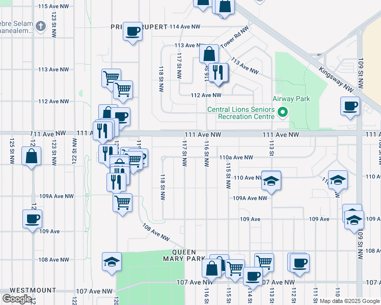 map of restaurants, bars, coffee shops, grocery stores, and more near 11624 110A Avenue Northwest in Edmonton