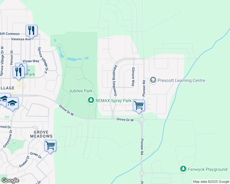 map of restaurants, bars, coffee shops, grocery stores, and more near Greenbury Boulevard in Spruce Grove