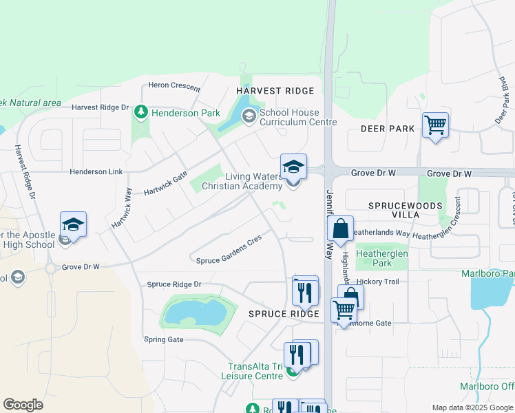 map of restaurants, bars, coffee shops, grocery stores, and more near 321 Spruce Ridge Road in Spruce Grove