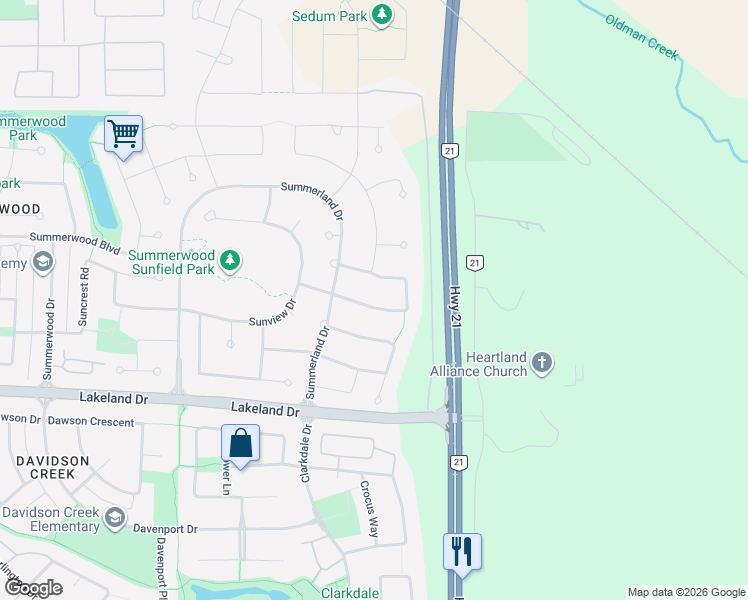 map of restaurants, bars, coffee shops, grocery stores, and more near 54 Sunterra Way in Sherwood Park