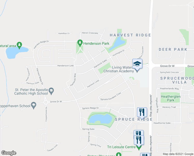 map of restaurants, bars, coffee shops, grocery stores, and more near 105 Hartwick Loop in Spruce Grove