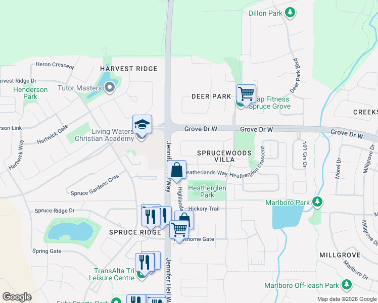map of restaurants, bars, coffee shops, grocery stores, and more near 9 Sunset Boulevard in Spruce Grove