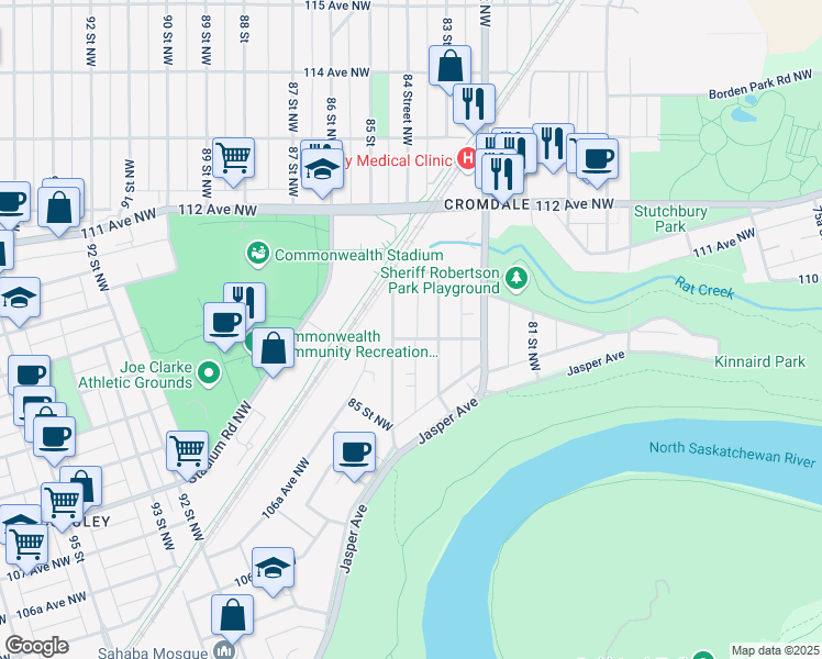 map of restaurants, bars, coffee shops, grocery stores, and more near 11023 B 85 Street Northwest in Edmonton