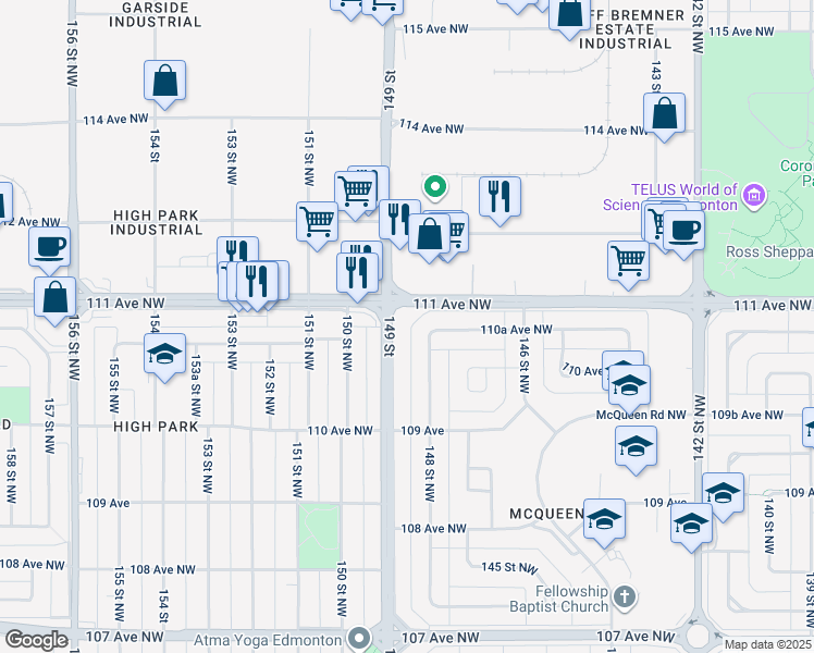 map of restaurants, bars, coffee shops, grocery stores, and more near 14805 111 Avenue Northwest in Edmonton