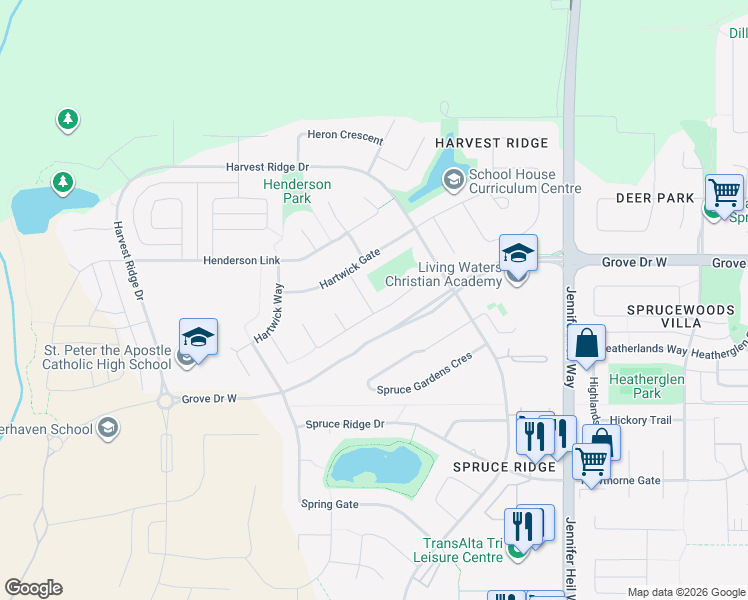 map of restaurants, bars, coffee shops, grocery stores, and more near 47 Hartwick Gate in Spruce Grove