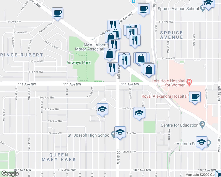 map of restaurants, bars, coffee shops, grocery stores, and more near 10915 111 Avenue Northwest in Edmonton