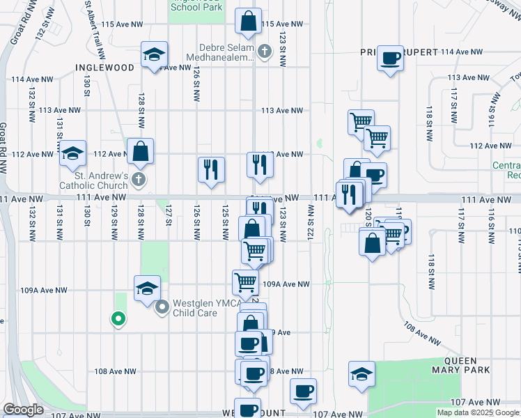 map of restaurants, bars, coffee shops, grocery stores, and more near 11035 124 Street in Edmonton