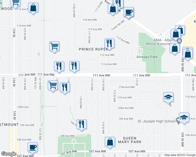 map of restaurants, bars, coffee shops, grocery stores, and more near in Edmonton