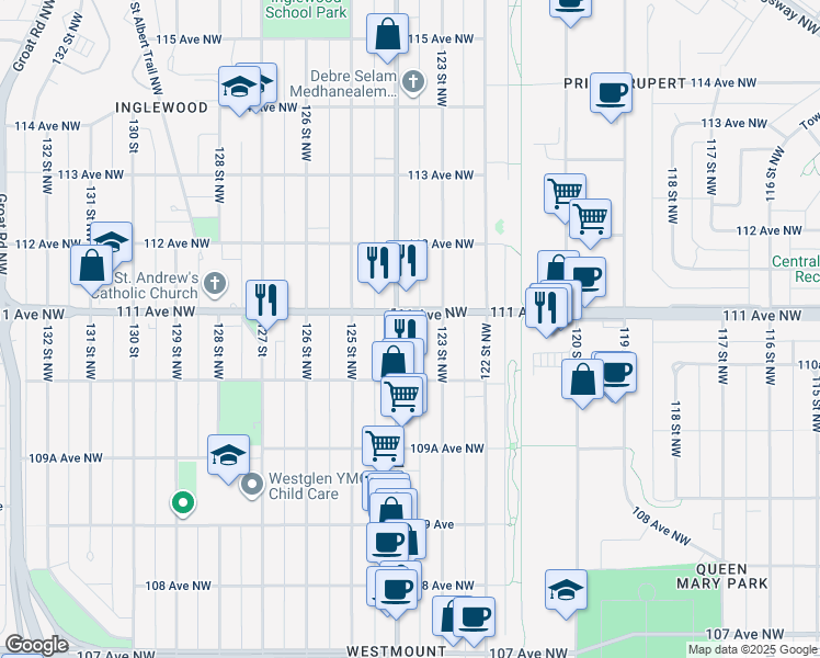 map of restaurants, bars, coffee shops, grocery stores, and more near 11035 124 Street in Edmonton