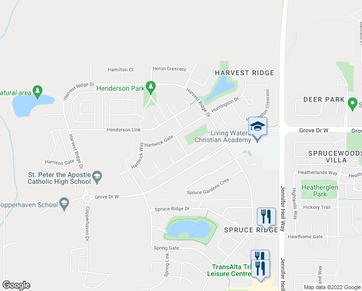 map of restaurants, bars, coffee shops, grocery stores, and more near 114 Hartwick Loop in Spruce Grove